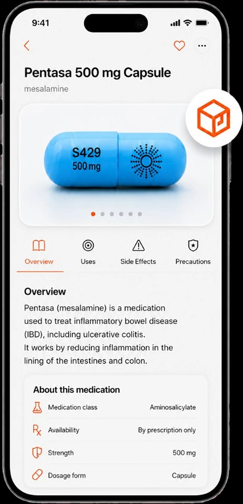 Smart Pill ID overview of Pentasa 500 mg capsule with a plain-language description, medication class, availability, strength, and dosage form